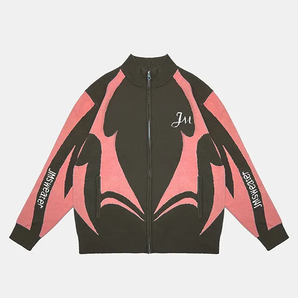 graphic jacquard full-zip knit jacket streetwear cardigan pink
