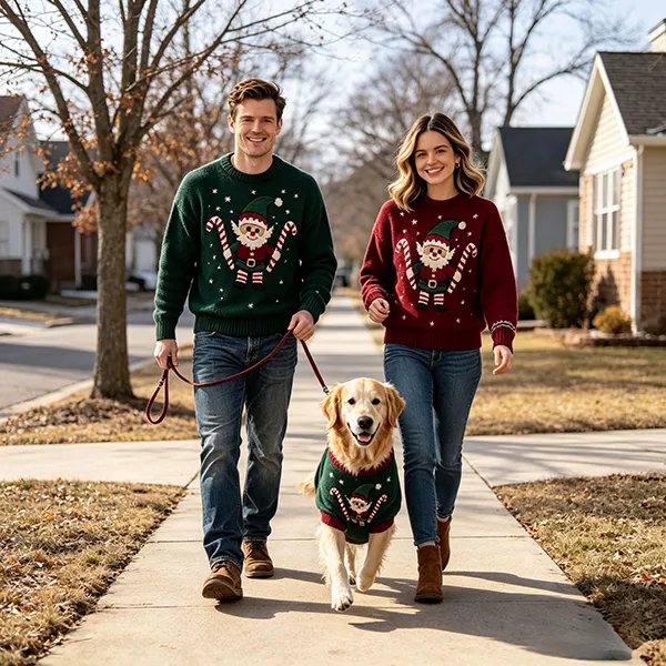 couple and dog walking in matching elf holiday knit sweaters