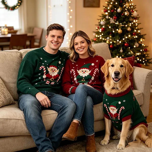 matching human dog elf knit sweaters by christmas tree