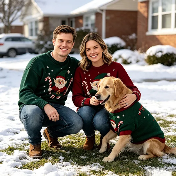 matching owner and pet elf sweaters in snowy yard outdoors
