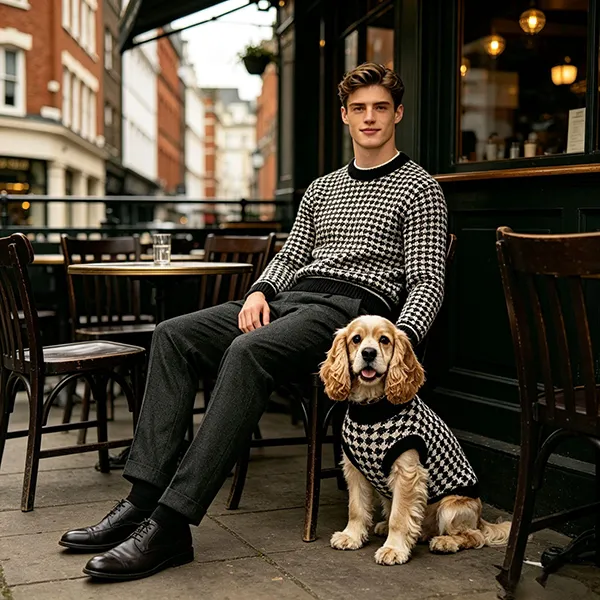 matching houndstooth dog and owner sweaters at cafe terrace