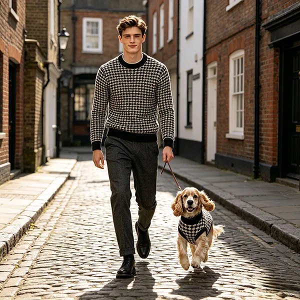 man and dog walking in matching houndstooth sweaters on street