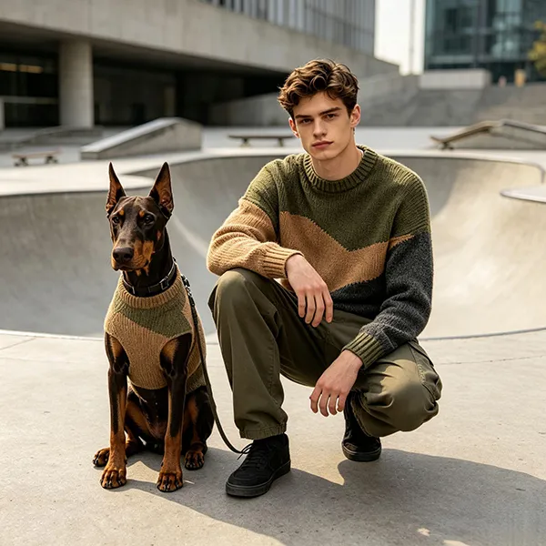 matching color block dog and owner sweaters at skatepark