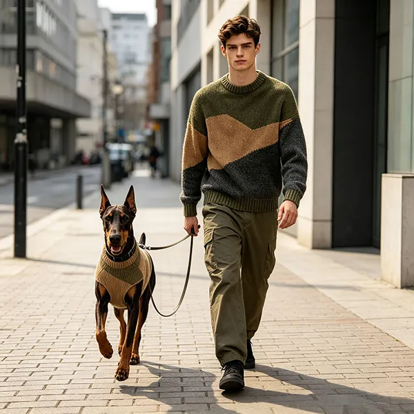 man and doberman walking in matching color block sweaters