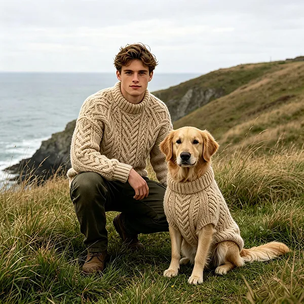matching cable knit turtleneck sweaters on coastal cliff