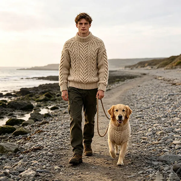 man and dog walking in matching cable knit sweaters on beach