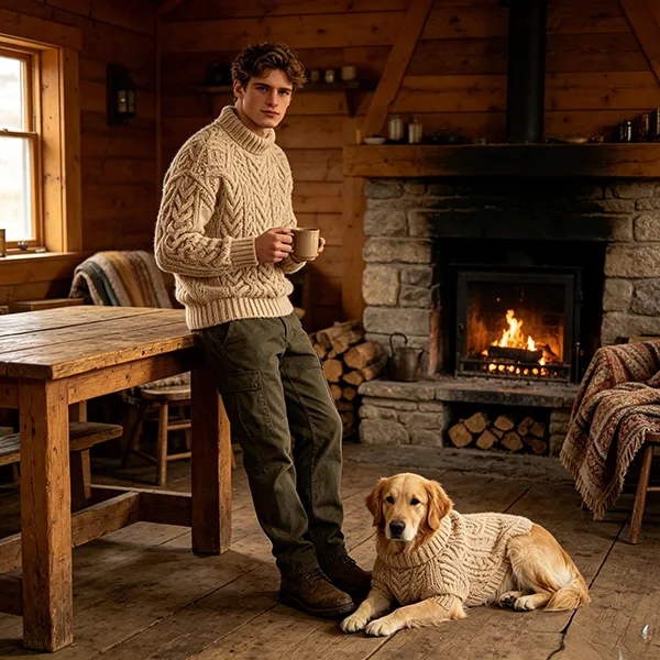 matching cable knit turtleneck sweaters by wooden fireplace