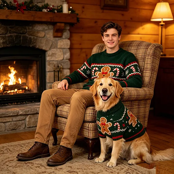 gingerbread man holiday matching sweater by fireplace
