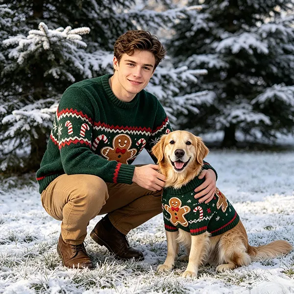 gingerbread man holiday matching sweater in snow