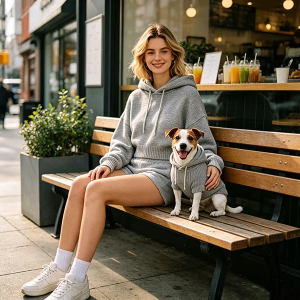 knitted hoodie and shorts set with matching dog hoodie on bench