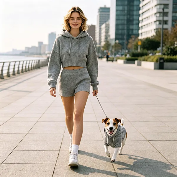 matching knitted hoodie and shorts set with dog hoodie walking