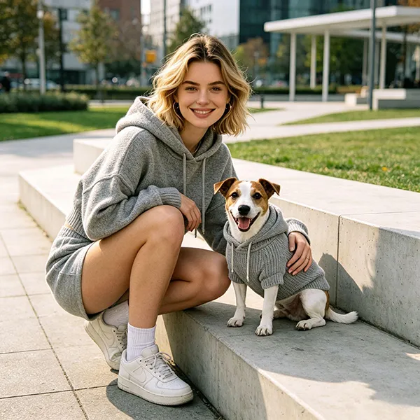woman and dog in matching knitted hoodie and shorts on steps