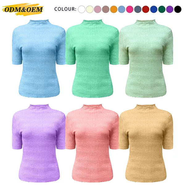 short sleeve mock neck ribbed knit top slim fit pullover all colors