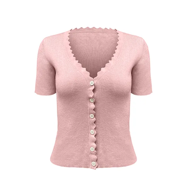 short sleeve scalloped edge v-neck ribbed knit cardigan top pink