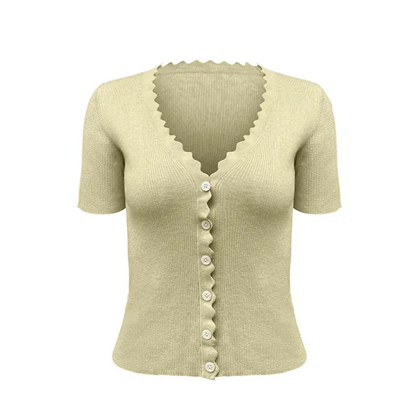 short sleeve scalloped edge v-neck ribbed knit cardigan top yellow