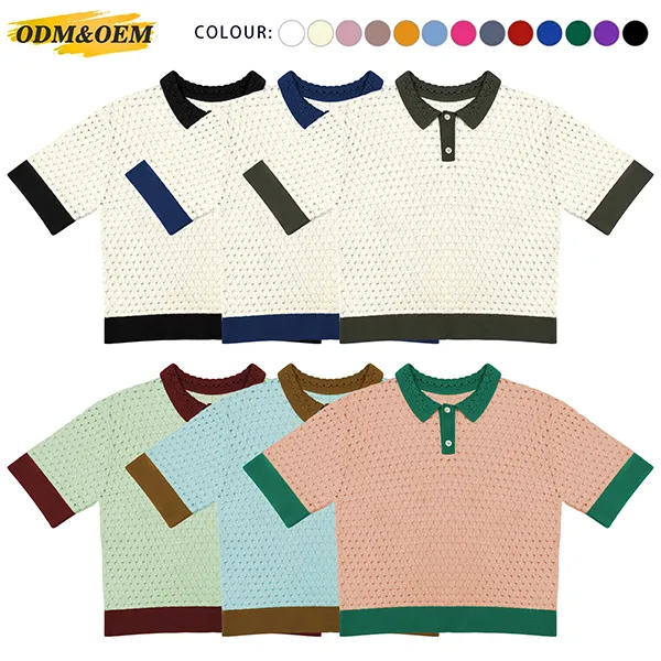 short sleeve pointelle knit polo shirt with contrast trim all colors