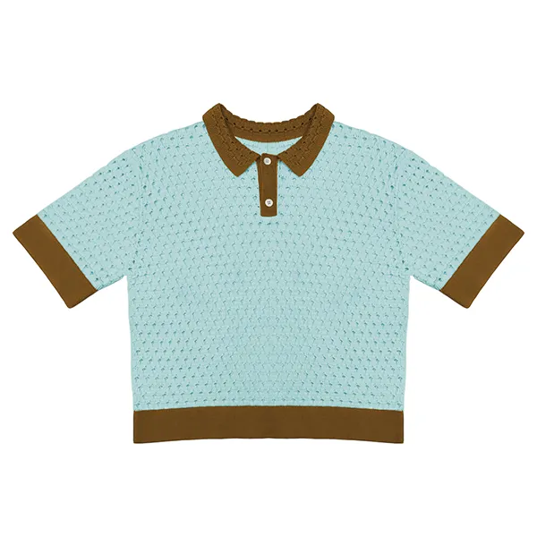 short sleeve pointelle knit polo shirt with contrast trim blue