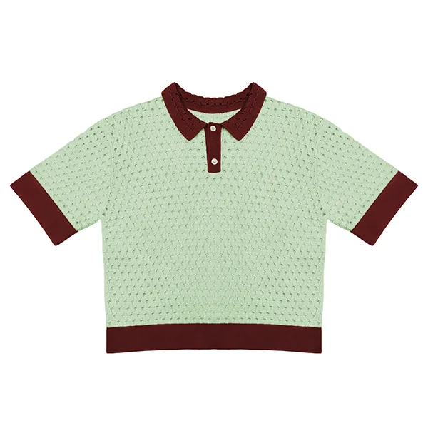 short sleeve pointelle knit polo shirt with contrast trim green
