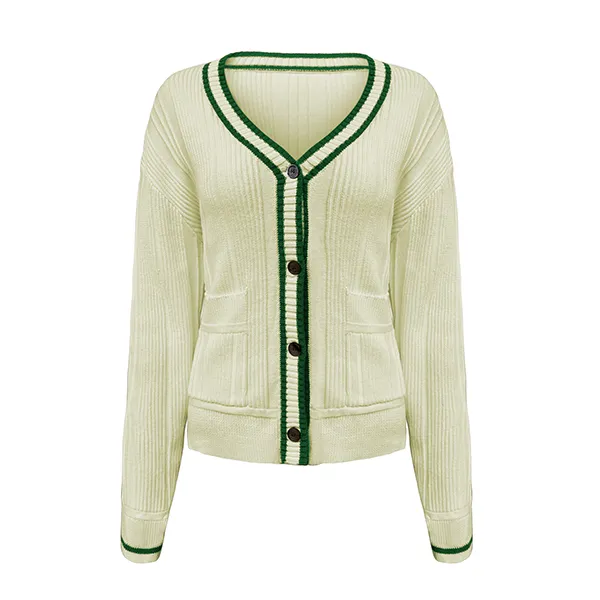 yellow v-neck tipped ribbed cardigan preppy button down sweater
