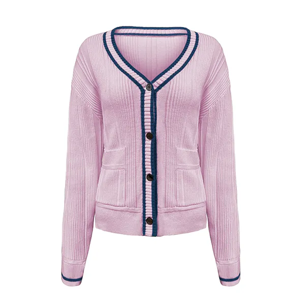 pink v-neck tipped ribbed cardigan preppy button down sweater