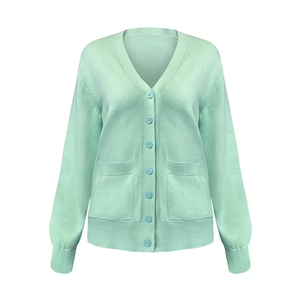 green v-neck fine knit button down cardigan with pockets