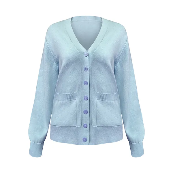 blue v-neck fine knit button down cardigan with pockets