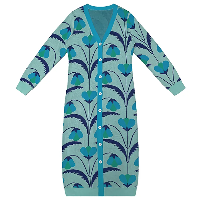 blue floral jacquard v-neck long cardigan dress button maxi