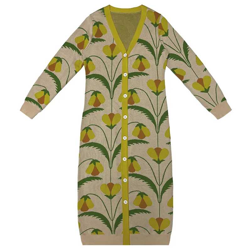 yellow floral jacquard v-neck long cardigan dress button maxi