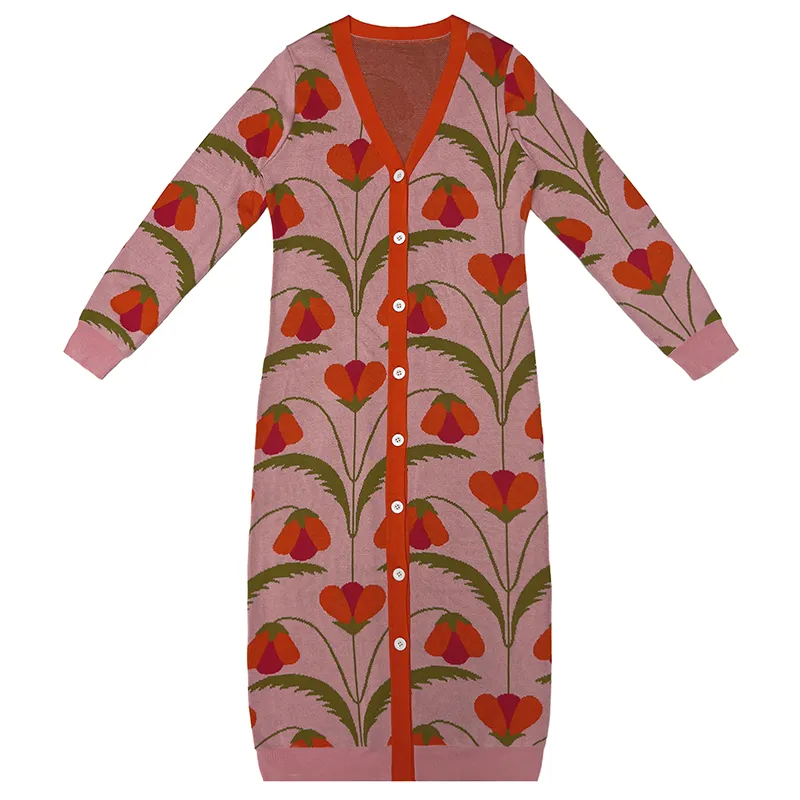 red floral jacquard v-neck long cardigan dress button maxi