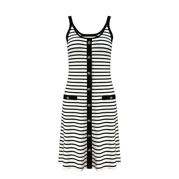 black striped sleeveless knit cami dress with contrast pockets