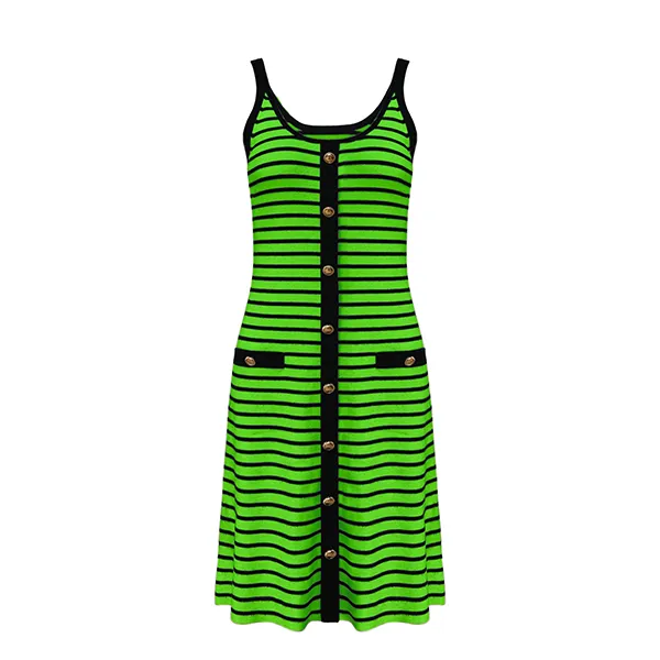 green striped sleeveless knit cami dress with contrast pockets