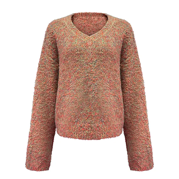 red boucle textured v-neck fuzzy chunky knit pullover