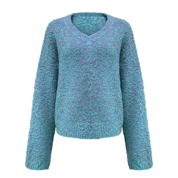 blue boucle textured v-neck fuzzy chunky knit pullover