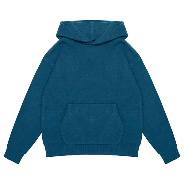 blue knitted hoodie pullover sweater with kangaroo pocket
