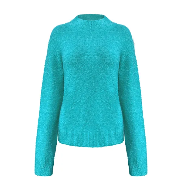 blue textured boucle knit mock neck pullover sweater relaxed fit