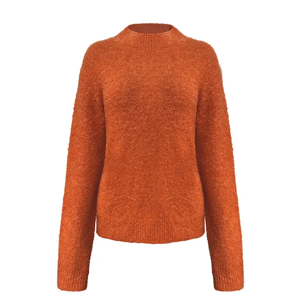 red textured boucle knit mock neck pullover sweater relaxed fit