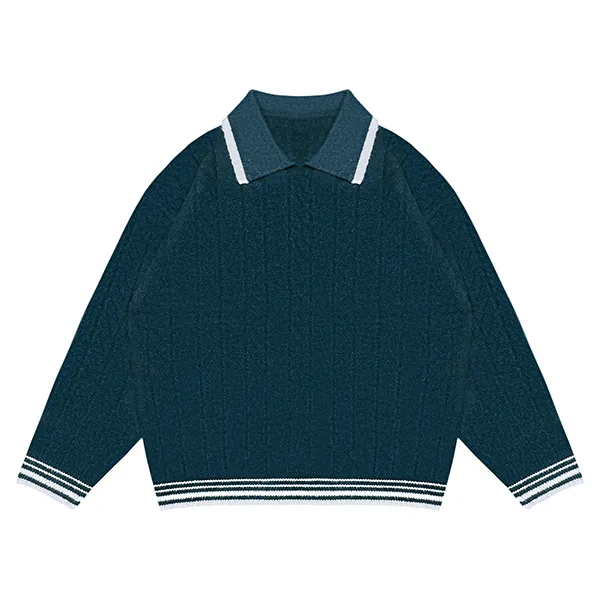 blue cable knit polo sweater with contrast tipped collar