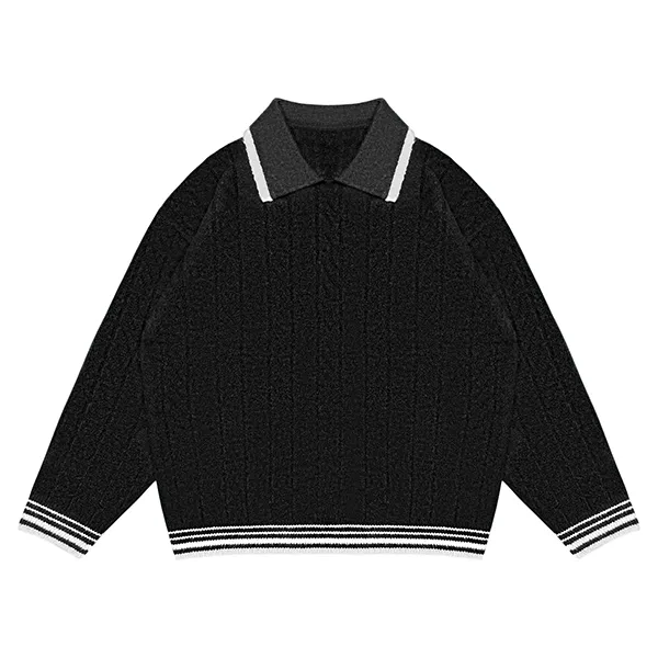 black cable knit polo sweater with contrast tipped collar