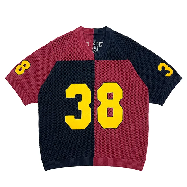 red colorblocked number graphic mesh knit jersey top