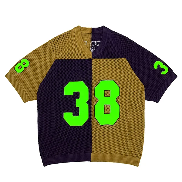 yellow colorblocked number graphic mesh knit jersey top