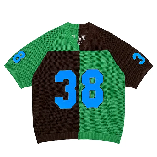green colorblocked number graphic mesh knit jersey top