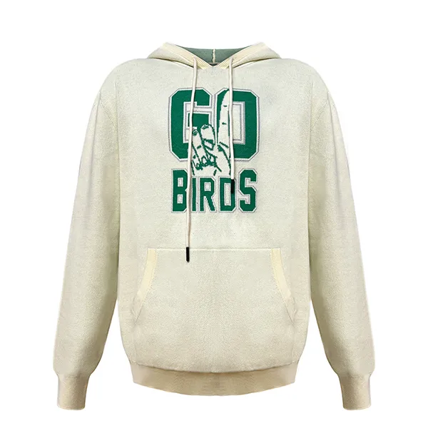 white varsity graphic knit hooded sweater with kangaroo pocket