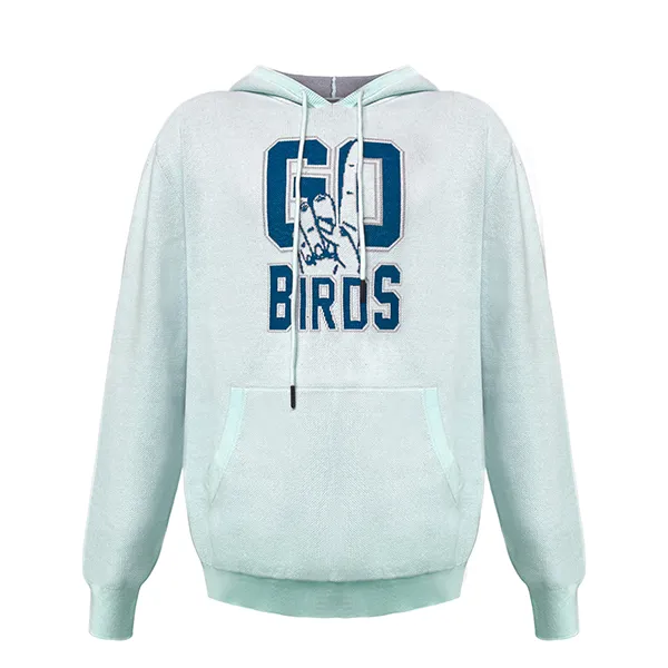 blue varsity graphic knit hooded sweater with kangaroo pocket