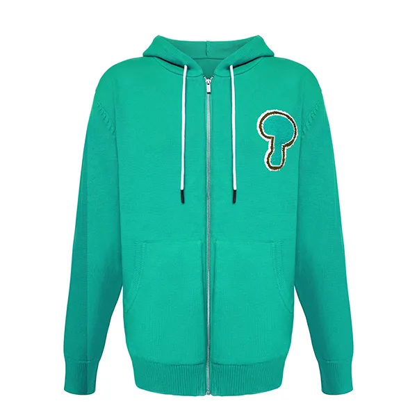 cyan chenille patch zip up knit hooded sweater with pockets