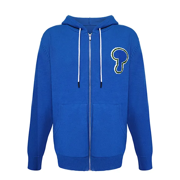 blue chenille patch zip up knit hooded sweater with pockets