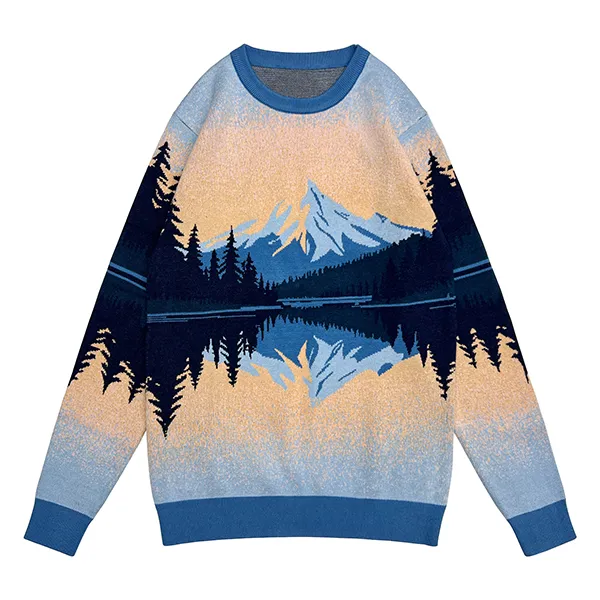 blue scenic mountain jacquard knit crewneck pullover sweater