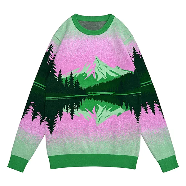 green scenic mountain jacquard knit crewneck pullover sweater