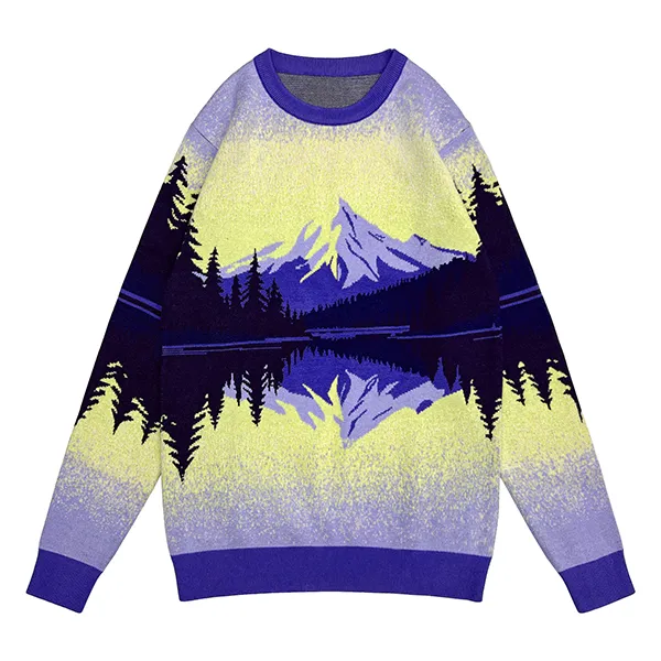 purple scenic mountain jacquard knit crewneck pullover sweater