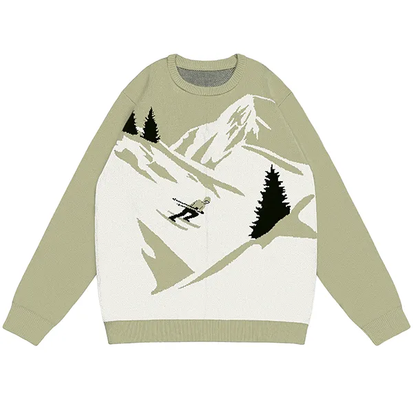 green ski mountain winter scene jacquard knitted pullover sweater