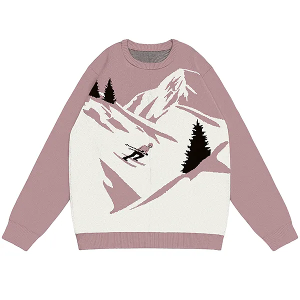 pink ski mountain winter scene jacquard knitted pullover sweater